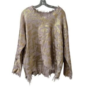 Main Strip Sweater Women Size Small Gold Raw Hem V Neck Boho Hippie Preppy City